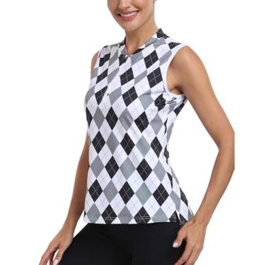 Imagem de MoFiz Camisa polo feminina de golfe leve sem mangas com zíper e secagem rápida, Argyle preto cinza 2024, GG
