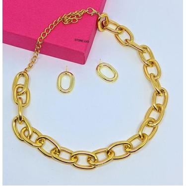 Imagem de Kit Colar Feminino e Brincos Corrente elo Grosso oval Folheado Ouro Do