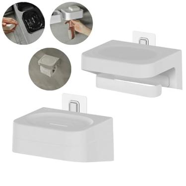 Imagem de Conjunto Saboneteira Prática Com Gancho Assistente + Porta Papel Higienico Com Estante de Apoio Instalação Parede Sem Furo Banheiro Box - Ou (Branco)