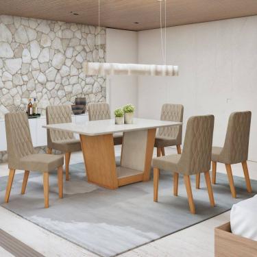 Imagem de Conjunto Apogeu 170cm Tampo MDF com Vidro e 6 Cadeiras Luar Amêndoa Clean/Off White/Rinzai Bege