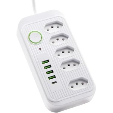 Imagem de Filtro de Linha Premium 5 Tomadas com 4 USB + 1 USB-C, Extensão Elétrica 2 Metros, Bivolt 110-220V, 2500W, Carregamento Inteligente, Régua de Energia para Casa e Escritório