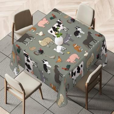 Imagem de TKBXAEG Toalha de mesa quadrada animais de fazenda, vaca, ovelha, porco, cavalo, frango, impermeável, toalha de mesa de tecido de poliéster lavável para festa de casamento, decoração de banquete
