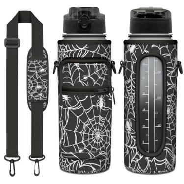 Imagem de Garrafa de água de 1,8 litro de Halloween com manga – Flip Top livre de BPA 946 ml – Marcador de tempo motivacional à prova de vazamento – Presentes góticos de bruxa para mulheres – Teia de aranha