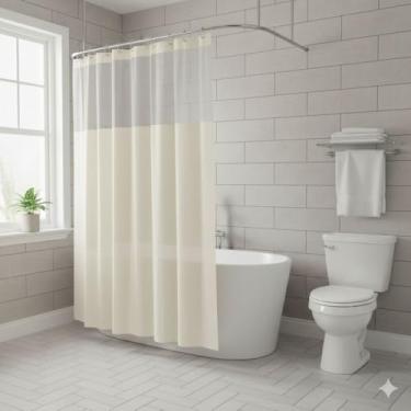 Imagem de Cortina Box Banheiro Com Visor Transparente Lisa Antimofo C/Gancho Cores (Bege)