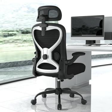Imagem de Cadeiras de mesa de escritório em casa, cadeira de escritório ergonômica com suporte lombar e encosto de cabeça 3D, cadeira de mesa de computador com apoios de braço flip-up, perfeita para escritório