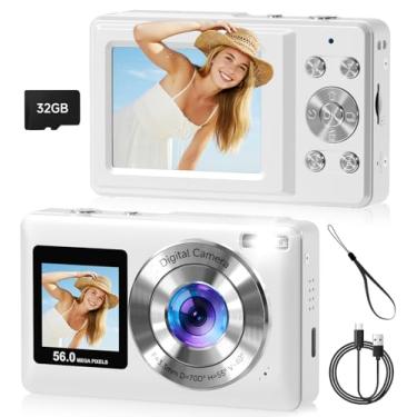 Imagem de Câmera digital, tela dupla de 56 MP com foco automático, captura de sorriso, antirvibração, zoom de 16x, cartão SD de 32 GB, presente Digicam para meninos, meninas e adolescentes