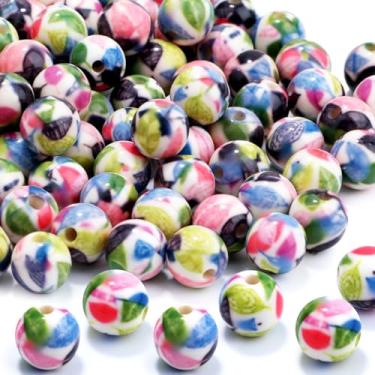 Imagem de 100 peças de contas de resina de 10 mm a granel para kit de fabricação de pulseiras, folhas verdes estampadas redondas soltas para joias, brincos, colar, anéis, arte, artesanato, projetos DIY