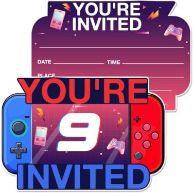 Imagem de MQCLYSG Convites de aniversário de 9 anos em forma de videogame com envelopes - Conjunto de 20 6 anos de festa de aniversário para meninos e crianças dupla face