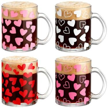 Imagem de Tioncy 4 peças canecas de café de vidro coração dia dos namorados com alça amor coração xícara de café romântica caneca de café doce presente de dia dos namorados para casais caneca de acampamento ao