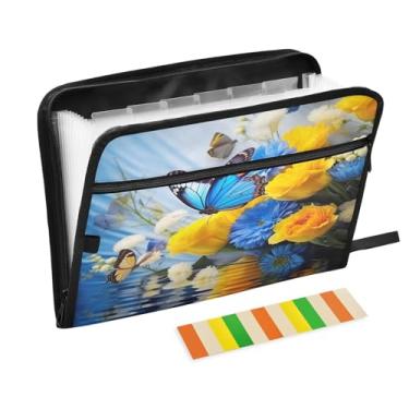 Imagem de Wassud Pasta organizadora de arquivos sanfonada de flores azuis e amarelas A4, pasta organizadora de documentos, com etiquetas, pasta de arquivos expansível, 13 bolsos