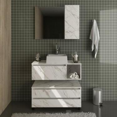 Imagem de Kit Banheiro Completo com Gabinete Cuba e Espelheira Mármore Branco - 