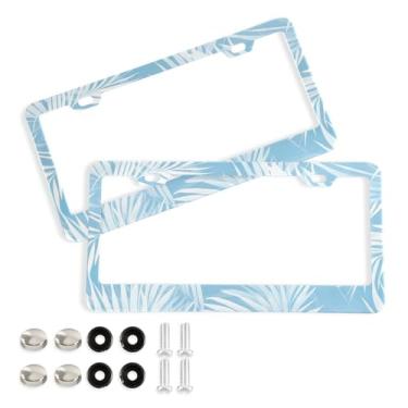 Imagem de Wassud Moldura de placa de licença de folha de palmeira branca com parafusos, pacote com 2 molduras decorativas de etiqueta de carro, acessórios de carro de aço inoxidável para mulheres e homens