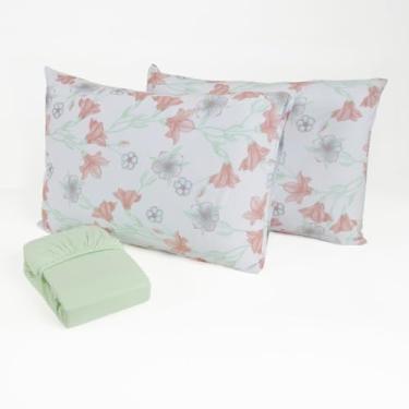 Imagem de Jogo de Cama Queen 3 Peças Malha 100% Algodão Lençol com Elástico Fronhas Estampadas Toque Macio(Romance verde)