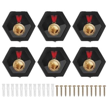 Imagem de PATIKIL Caixa de exibição de medalha de 6 peças, moldura de exibição de medalha de madeira, suporte de parede hexagonal para crachá de polícia de maratona, moeda, prêmio, corredores, esportes, natação