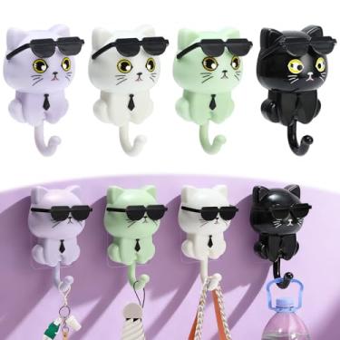 Imagem de 4 peças de porta-chaves de gato, ganchos impermeáveis para parede com design de gravidade, decoração de gatos com óculos de sol, adesivo sem broca, bonito porta-chaves para chaves, toalha, cachecol
