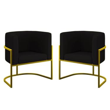 Imagem de Kit 02 Poltronas Lua Sala Decorativa Base Ferro Gold Veludo Preto