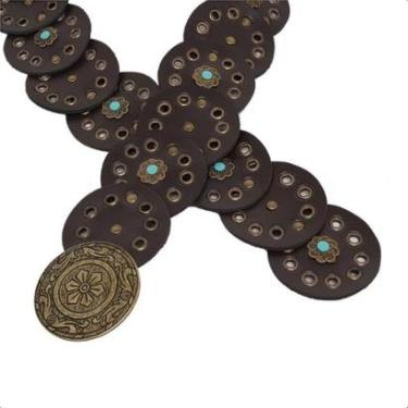 Imagem de Cinto Boho Chique Classico Country Feminino Redondo Rebite de Flor Moderno Fivela Metal Ouro Velho-Feminino