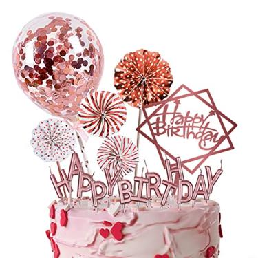 Imagem de IEALODS Decoração de topo de bolo de ouro rosa com velas de feliz aniversário, topo de bolo de aniversário de acrílico, balão de confete e fãs de papel para tema de ouro rosa decoração de festa de aniversário menina feminina