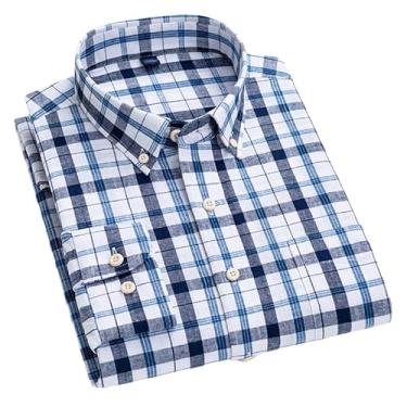 Imagem de JadeRich Camisa masculina de manga comprida xadrez xadrez com botões algodão linho casual moda camisa ajuste regular, Azul marino, P
