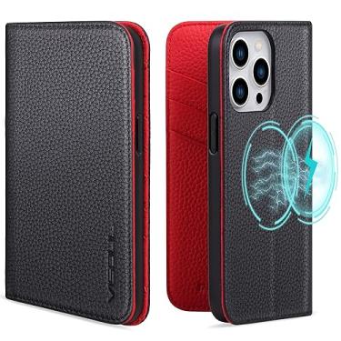 Imagem de VISOUL Capa de couro real com pedrinhas para iPhone 15 Pro, capa carteira com Magsafe e porta-cartão, capa com suporte magnético compatível com iPhone 15 Pro (6,1 polegadas) (preto + vermelho)