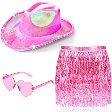 Imagem de Jiuguva 3 peças de chapéu de vaqueira espacial iluminado rosa country acessórios de fantasia ocidental em forma de coração óculos de sol feminino saia de lantejoulas borla dança do ventre quadril