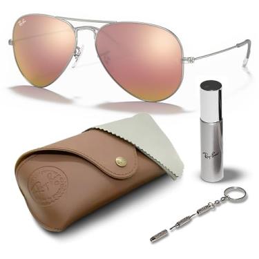 Imagem de Ray-Ban RB3025 Óculos de sol clássicos em formato de aviador com kit de óculos – Óculos de sol retrô, Armação prateada fosca | Lente flash de cobre, 58mm