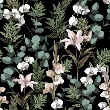 Imagem de VaryStyle Moody Papel de parede floral escuro para descascar e colar preto/verde samambaia folha de eucalipto lírio papel de parede botânico amigável para locatário papel de parede removível 45 x 299