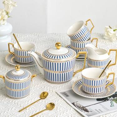 Imagem de CwlwGO - conjunto de xícaras de chá de porcelana óssea com 4, conjuntos de xícaras de chá e pires para 4 pessoas com bule de 24 onças, açucareiro, jarra de creme, elegantes xícaras de chá br