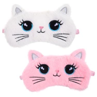 Imagem de Máscara de dormir infantil, 2 peças de máscara fofa de gato dormindo máscara de dormir macia de pelúcia para meninas máscara de dormir confortável engraçado animal noturno para dormir venda de olhos