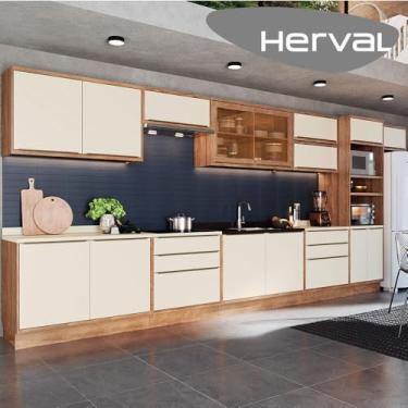 Imagem de Cozinha Modulada Completa, 14 Peças 100% Mdf, Édez Uno, Off White e Louro Freijó