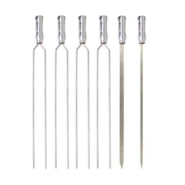 Imagem de Kit 06 Pçs Espeto Churrasco Aço Inox Duplo + Chato Estreito Aperitivo 