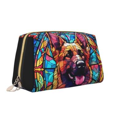 Imagem de Novgift Papillon Bolsa de maquiagem de couro com arte em vidro manchado para cães, bolsa de cosméticos de viagem para mulheres, bolsas de maquiagem de grande capacidade, Pastor alemão, One Size
