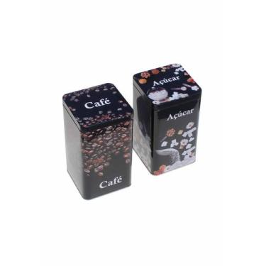 Imagem de Kit 2 Pote Lata Preto Porta Mantimentos Metal Café Açúcar - Shop Aniz