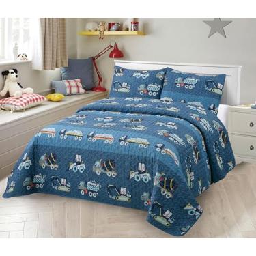 Imagem de Conjunto de colcha infantil Zone Collection, crianças, adolescentes, veículos de construção, acolchoados, padrão de caminhões de construção, azul, casal/queen novo # C-Mixer