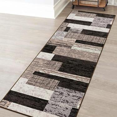 Imagem de FlyDOIT Tapete geométrico moderno de patchwork, tapetes de chocolate para sala de estar, coleção Rockwood, tapetes internos para quarto, decoração de chão para entrada, sala de jantar, escritório