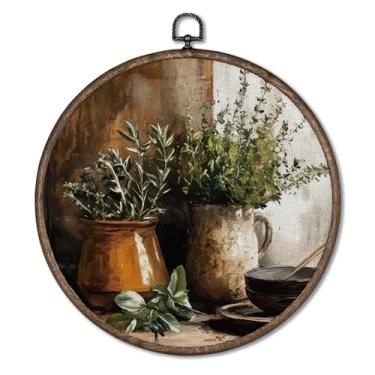Imagem de Giosve Vintage Herbs Kitchen Round Wall Art Canvas Framed Poster, Retro Country Rustic Farmhouse Botânico Pendurado Esculturas de Parede para Decoração de Cozinha Sala de Jantar, 25 x 25 cm