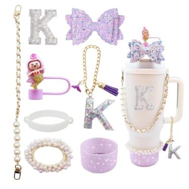 Imagem de Conjunto de acessórios de copo de 8 peças para copo Stanley de 30 e 1,417 g com alça, incluindo topo de palha, bota, alça de alça de garrafa de água, decoração de arco de palha, pulseiras, pingente de