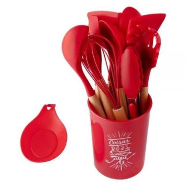 Imagem de Kit 13 Utensílios de Cozinha Talheres Silicone Cabo Madeira - Clink, V