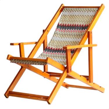 Imagem de Espreguiçadeira em Madeira Maciça para Piscina, Praia – Com Braço, Dobrável, Acabamento Envernizado (Chevron Vermelho)