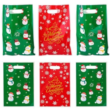 Imagem de AEOKJOSI 30 peças de sacos de presente de Natal com alças, padrão de pequenos bonecos de neve em chapéus com estampa dourada de Feliz Natal, lindos sacos de brindes para festas infantis, sacos de