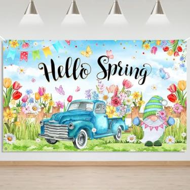 Imagem de Mocsicka Hello Spring Banner pano de fundo colorido floral borboleta azul caminhão gnomo festa de Páscoa decoração primavera Páscoa feriado fotografia pano de fundo suprimentos (1,8 x 1,1 m)