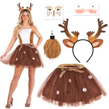 Imagem de Beipegin Fantasia adulta de rena, 5 peças, saia tutu com chifres de rena, faixa de cabeça, rosto de cauda, tatuagens temporárias, vestido chique de veado, fantasia de Halloween, Natal, cosplay, roupas