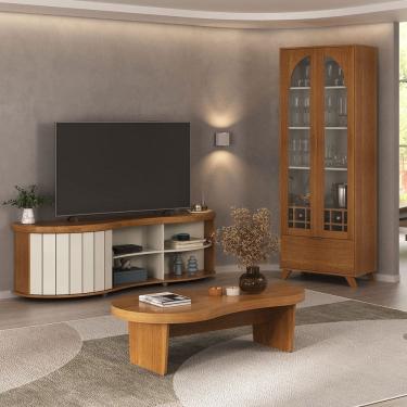 Imagem de Sala de Estar Completa para TV Até 75 Polegadas com Cristaleira e Mesa de Centro Magnum Cinamomo/Off White - Pnr Móveis