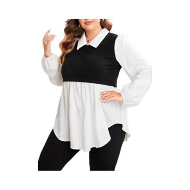 Imagem de Blusa Feminina plus Size Com Gola Polo Em Cores Contrastantes, Manga L