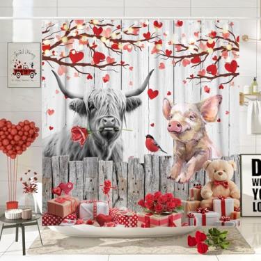 Imagem de Cortina de chuveiro dos namorados, cortina de chuveiro rústica fofa romântica vaca vaca highland no campo casa de fazenda de madeira coração vermelho, cortina de banheira divertida para amantes de