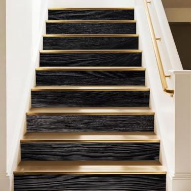 Imagem de PLIGREAT Adesivos de escada com padrão de madeira sintética preta, 15 tiras, adesivos de escada para degraus 18 cm x 99 cm vinil autoadesivo estilo vintage decoração de murais de escada para casa