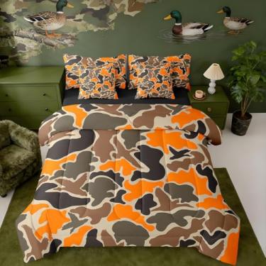 Imagem de Feelyou Jogo de cama de caçador de pato, laranja, camuflagem, caça, 7 peças, solteiro, preto, marrom, todas as estações, cama em uma bolsa com edredom, lençóis, fronhas, conjunto de cama militar