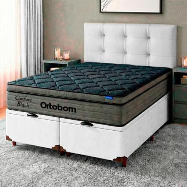 Imagem de Cama Box Bau Branco + Cabeceira + Colchão Queen Confort Black Ortobom