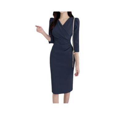Imagem de Vestido Feminino Elegante Com Decote Em V E Manga 3/4, Vestido Justo A