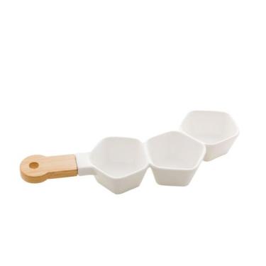 Imagem de Petisqueira Tripla Porcelana c/Cabo Bambu Branco 36x15x5cm - Bon Gourm
